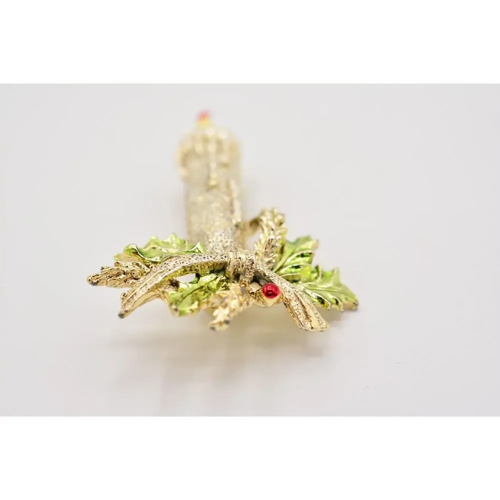 Gerry's Vintage Christmas Candle Pin Brooch Silver Red Green Enamel Signed 9B